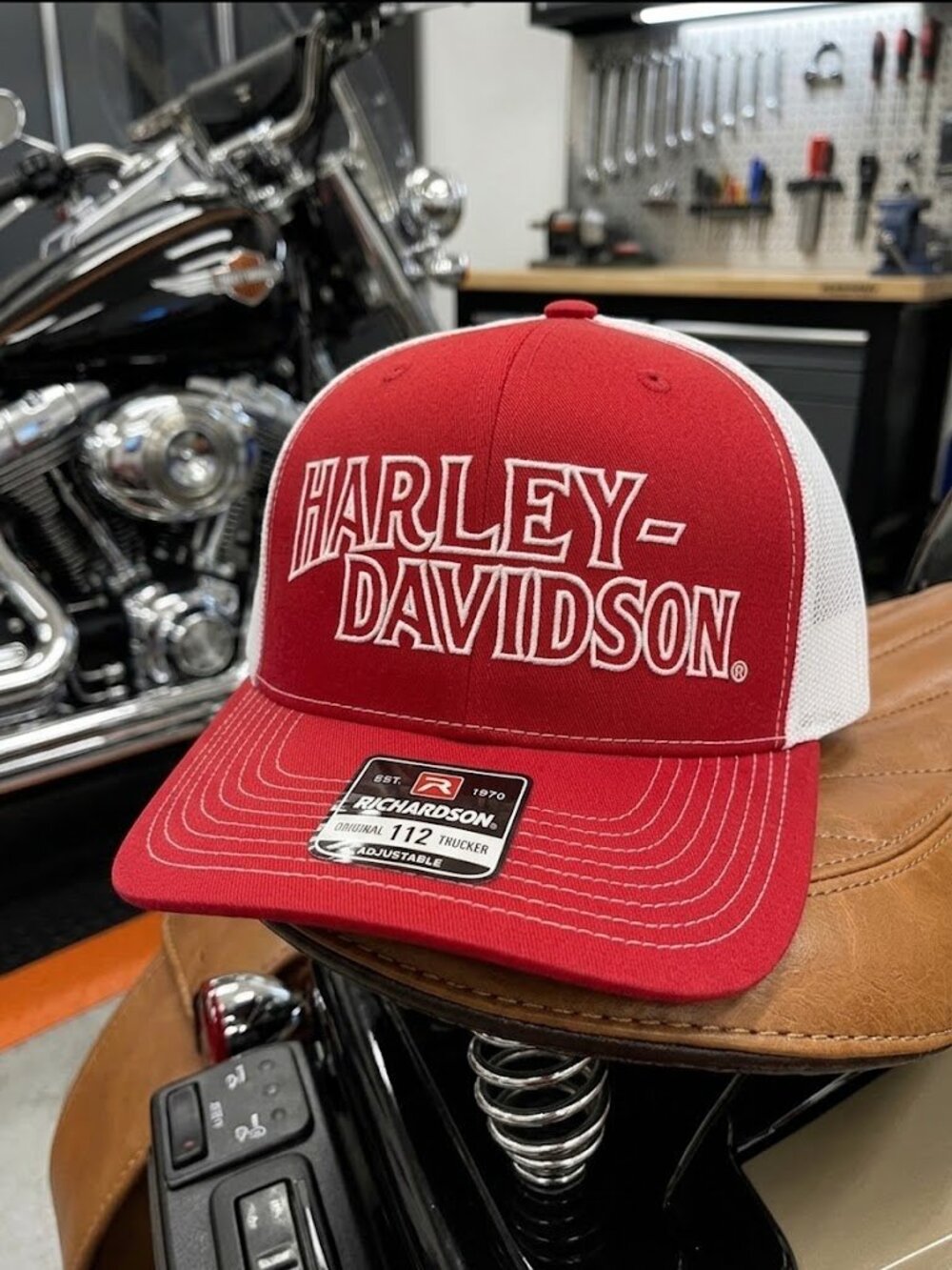 Vintage Biker Motorcycle Embroidered Red White Richardson 112 Trucker Hat Gang